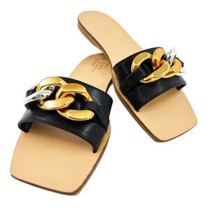 Shu Shop Dorita Flat Square Sandals Women 8 Black Gold Silver Chain Link Moto